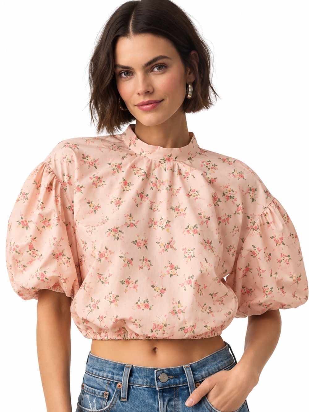 Anthropologie Lanea Blush Pink Floral Puff Sleeve Cropped Blouse Size L